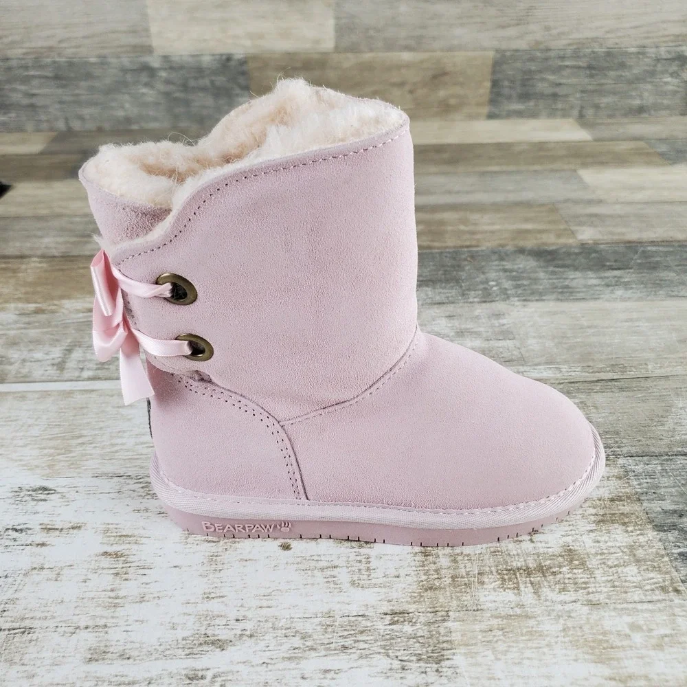 Bearpaw Milly Kids Boot Sz 12 Light Pink Suede Faux Fur Lined Pull On Round Toe